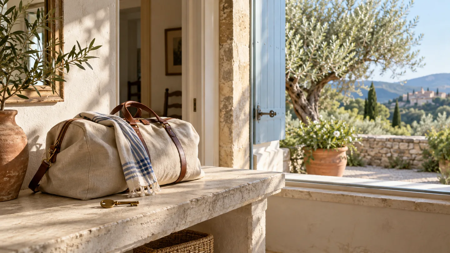 Sac de week-end et clé près d’une fenêtre ouverte sur un jardin